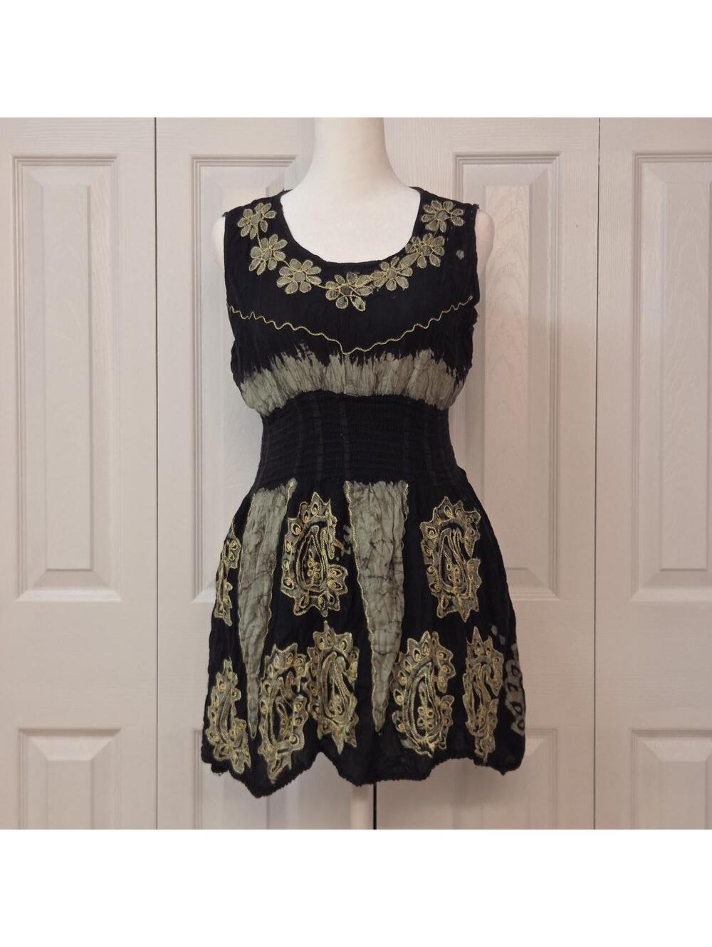 Black Green Tie Dye Floral Paisley Babydoll Tunic Tank Size M Fairy Boho Hippie